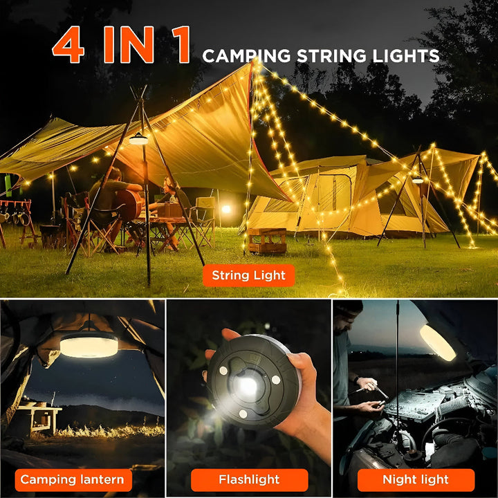 Lanterne LED avec lumière d'ambiance et guirlande intégrée. Éclairage polyvalent pour camping et fêtes.