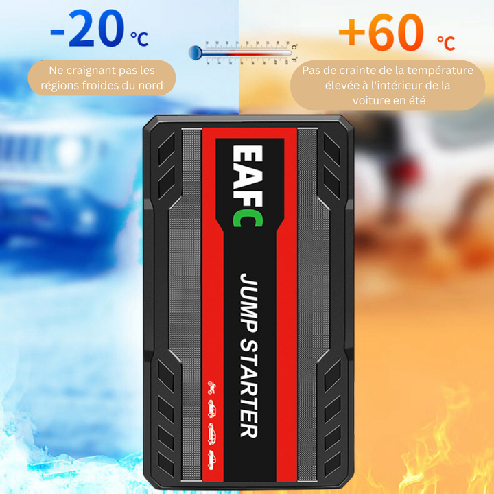 Booster démarreur portable LuxAuto 12V, idéal pour urgences batterie en auto et voyage.