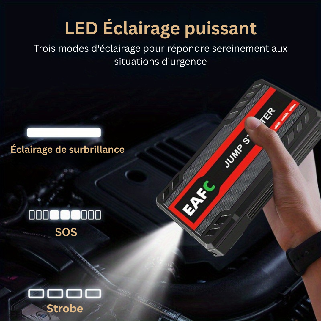 Accessoire auto essentiel: démarreur LuxAuto portable 12V, booster de batterie d'urgence.