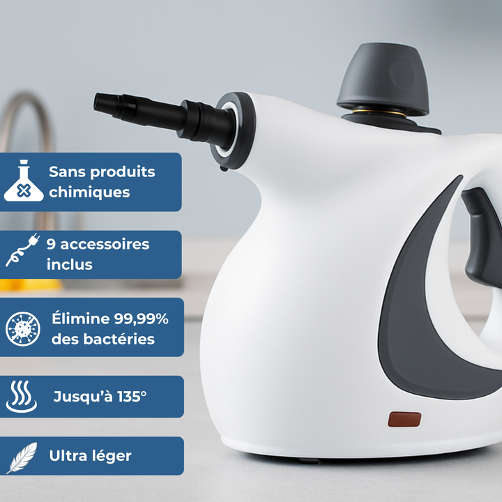 Nettoyeur vapeur portable écologique multi-surfaces pour la maison, cuisine et salle de bain. Nettoyage efficace.
