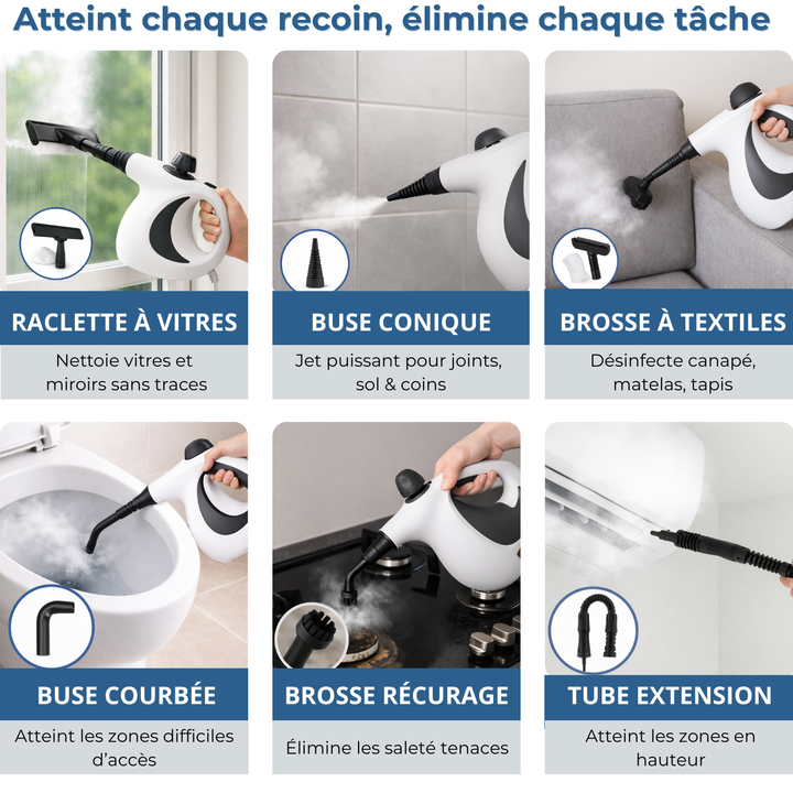 Nettoyeur vapeur portable puissant pour un nettoyage écologique et multi-surfaces de la maison, cuisine et bain.