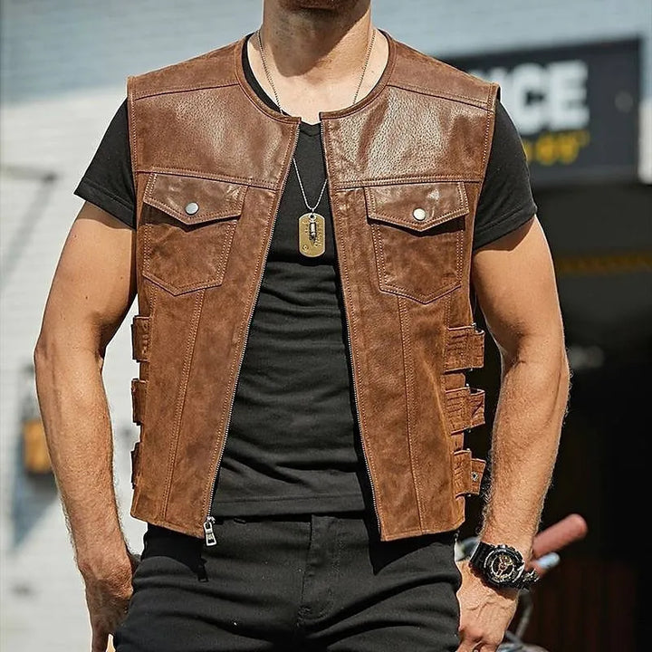Veste en cuir noir homme élégante, robuste, poches pratiques. Idéale pour printemps-automne.
