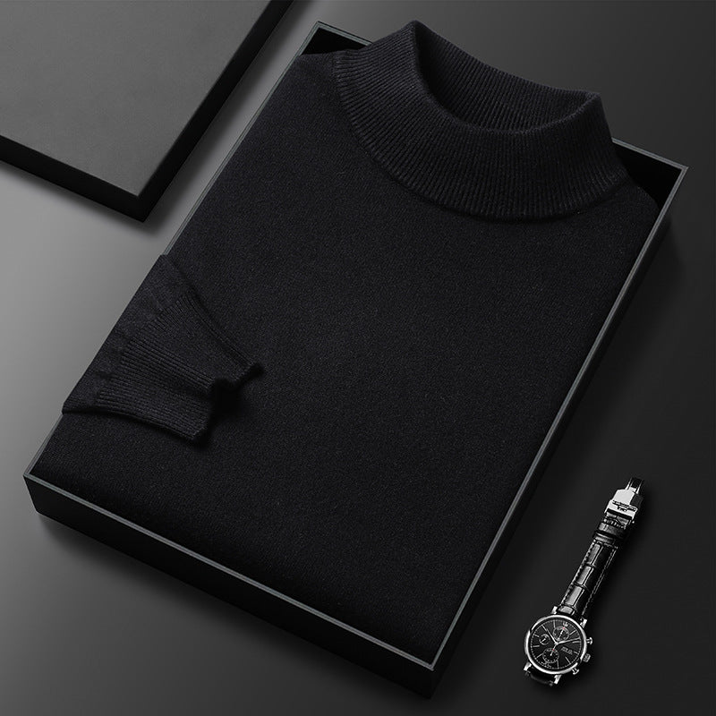 Pull homme bleu marine col mi-montant, hivernal et chic, haut décontracté et élégant.