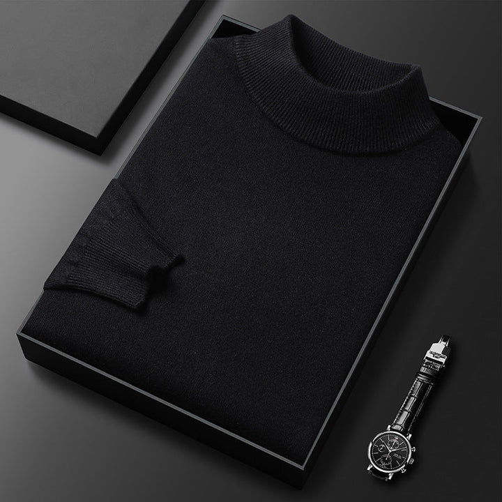 Pull homme bleu marine col mi-montant, hivernal et chic, haut décontracté et élégant.