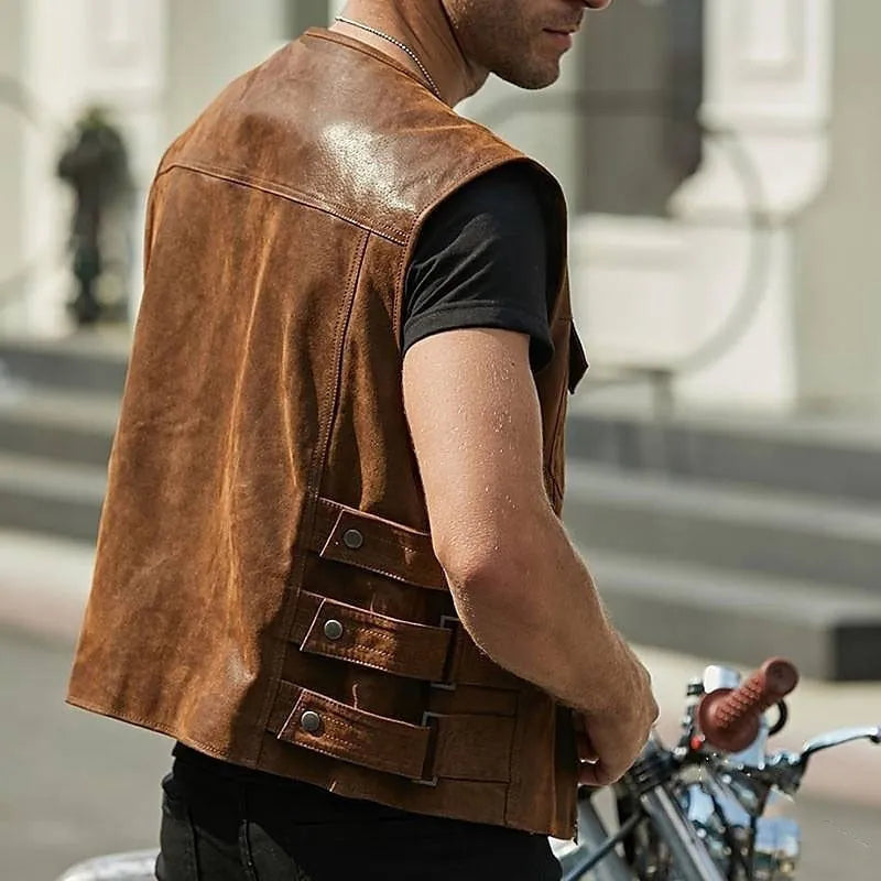 Gilet homme en cuir véritable, style chic-décontracté. Poches multiples pour un look fonctionnel.