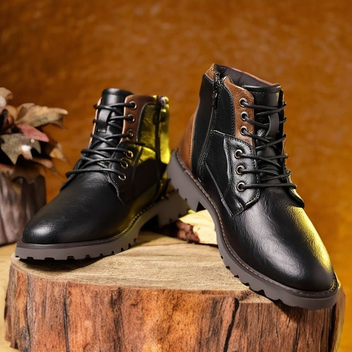 Bottes hommes robustes sur sentier extérieur, offrant confort et adhérence antidérapante pour les aventures d'automne.