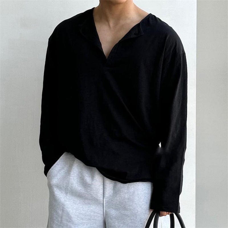 Chemise homme à col V, style élégant et décontracté. Basique confortable boutonnée pour le quotidien, parfaite automne/printemps.