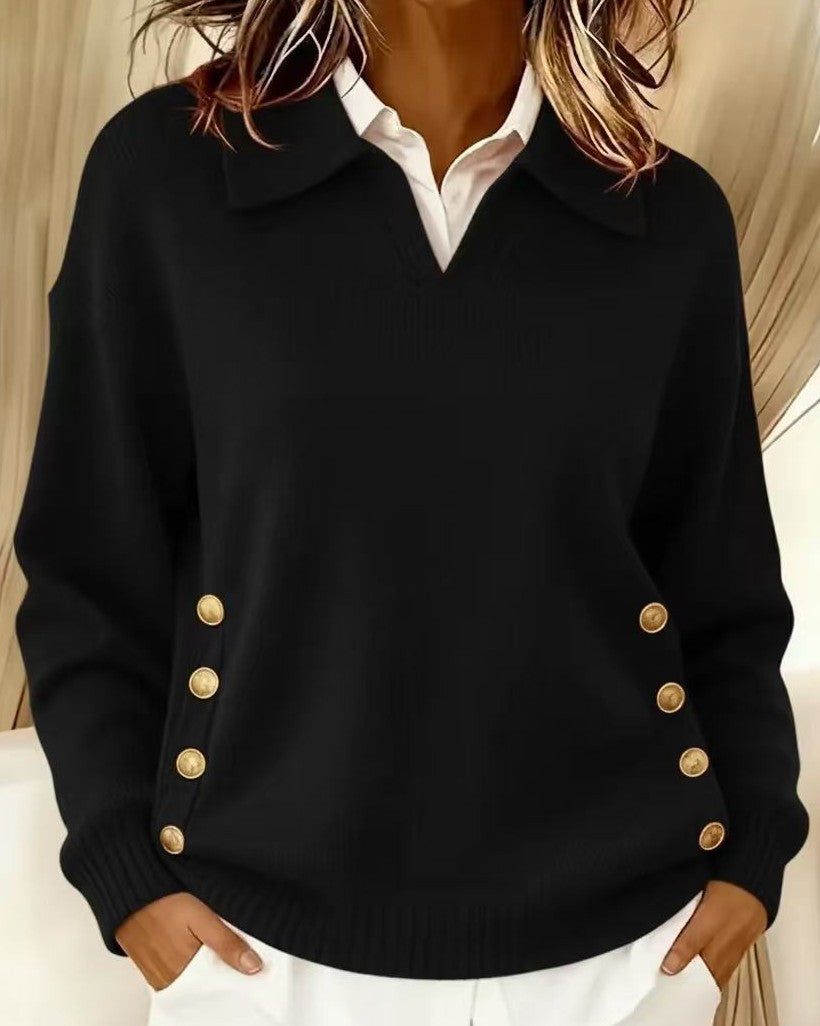 Maille douce pull femme, grandes tailles, col V. Boutons dorés chics. Parfait pour un look décontracté ou bureau.