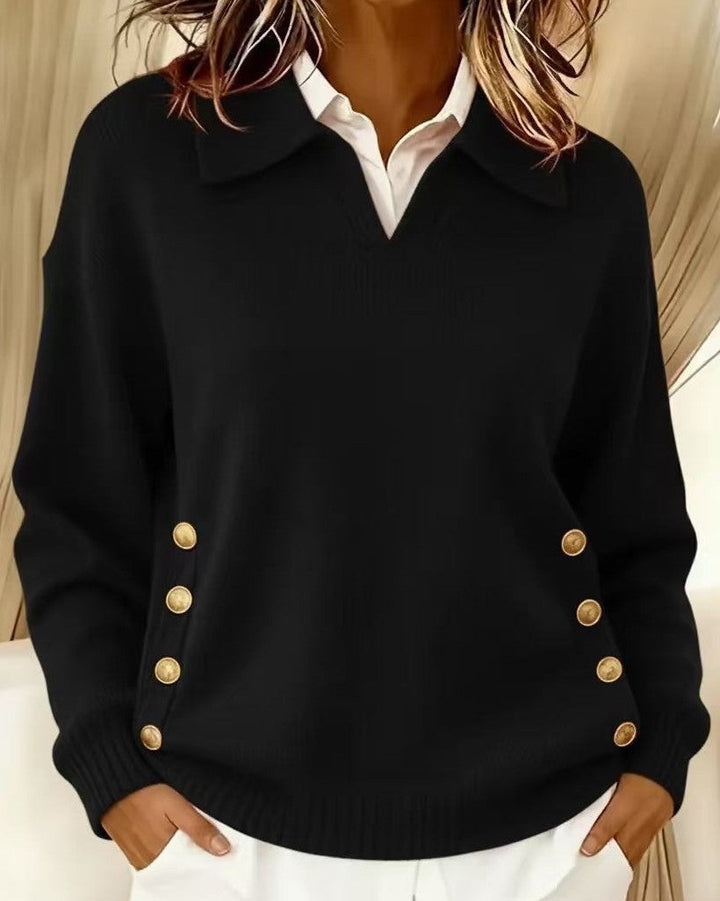 Maille douce pull femme, grandes tailles, col V. Boutons dorés chics. Parfait pour un look décontracté ou bureau.
