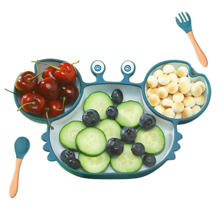 Assiette bébé silicone en forme de crabe, idéale pour les repas amusants et sûrs de l'enfant. Antidérapante et sans BPA.