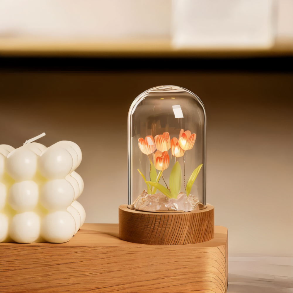 Lampe de table tulipe LED. Veilleuse florale décorative DIY, ambiance romantique douce.