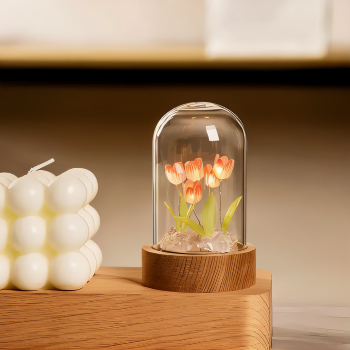 Lampe de table tulipe LED. Veilleuse florale décorative DIY, ambiance romantique douce.