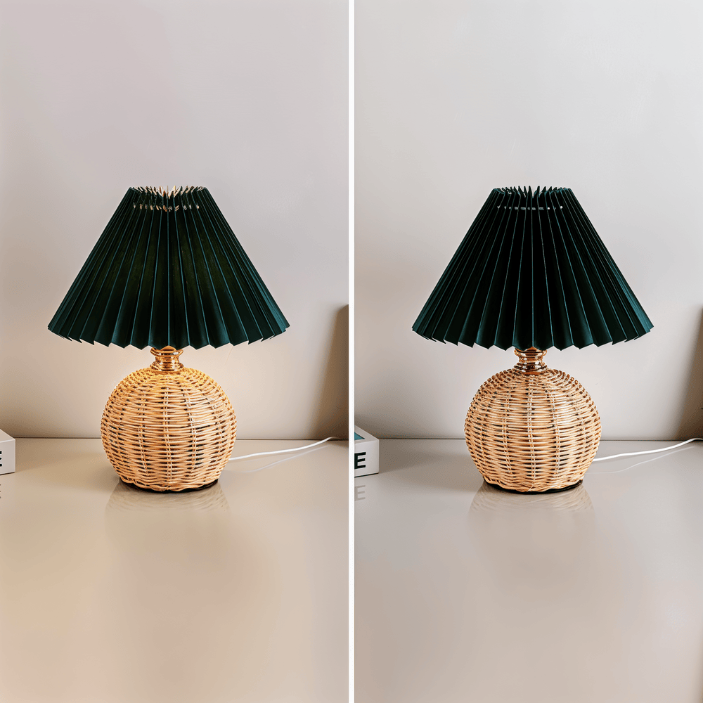 Éclairage doux et naturel: lampe de table en rotin plissé, style rétro scandinave.