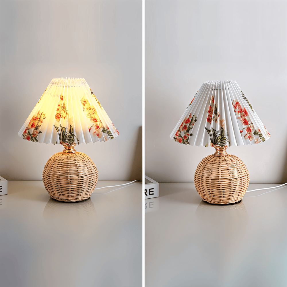 Lampe de chevet design rétro, rotin plissé, apporte chaleur et élégance à la chambre.