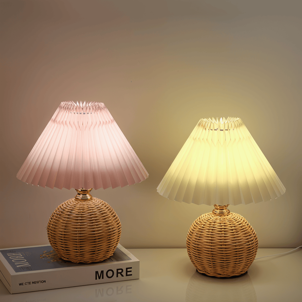 Éclairage d'ambiance LED, lampe de table naturelle en rotin plissé pour salon.