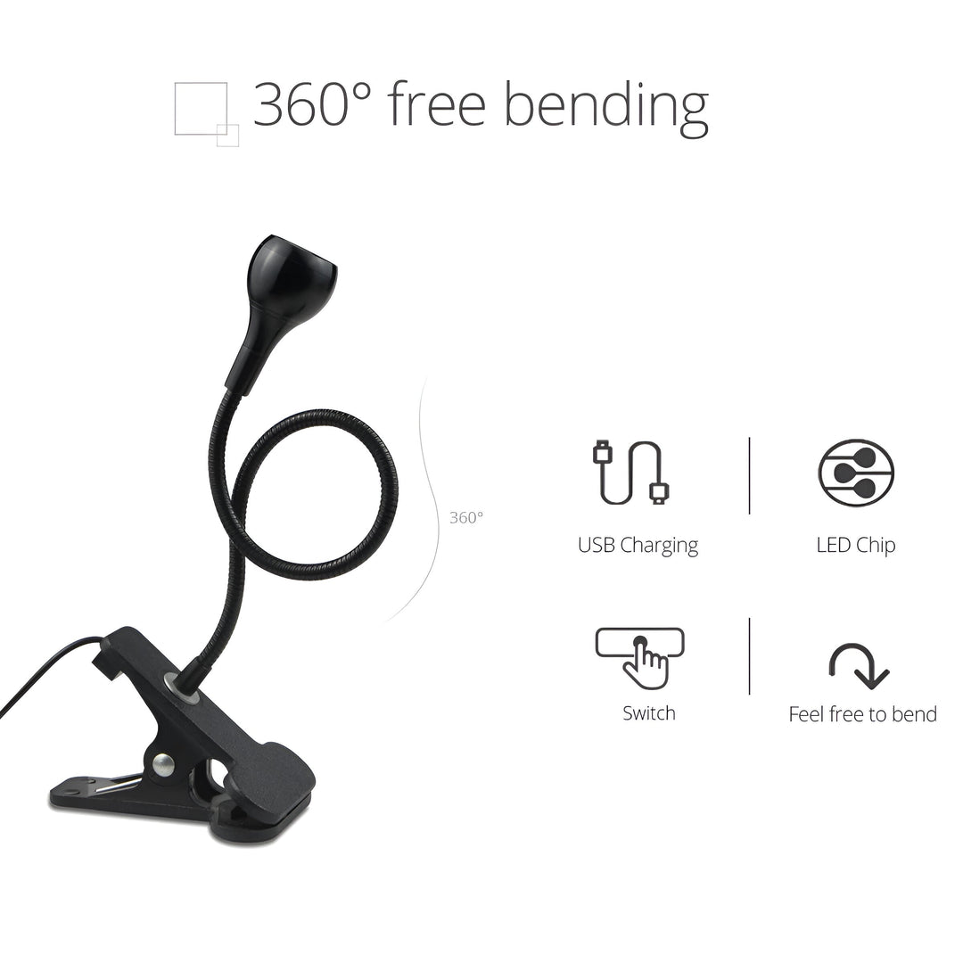 Lampe de travail LED à pince, bras flexible, éclairage USB 360° réglable, pour un bureau moderne.