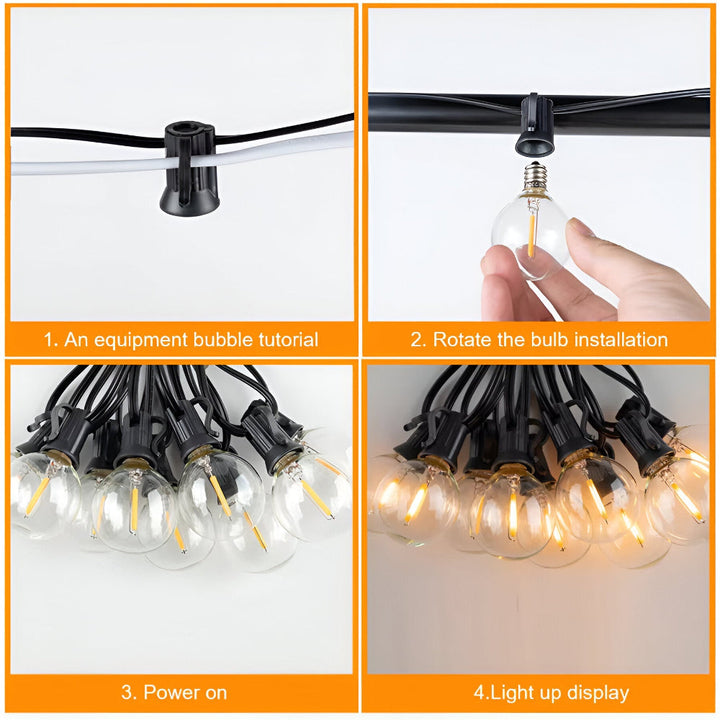 Guirlande lumineuse G40 suspendue au-dessus d'une terrasse, créant un éclairage d'ambiance chaleureux.