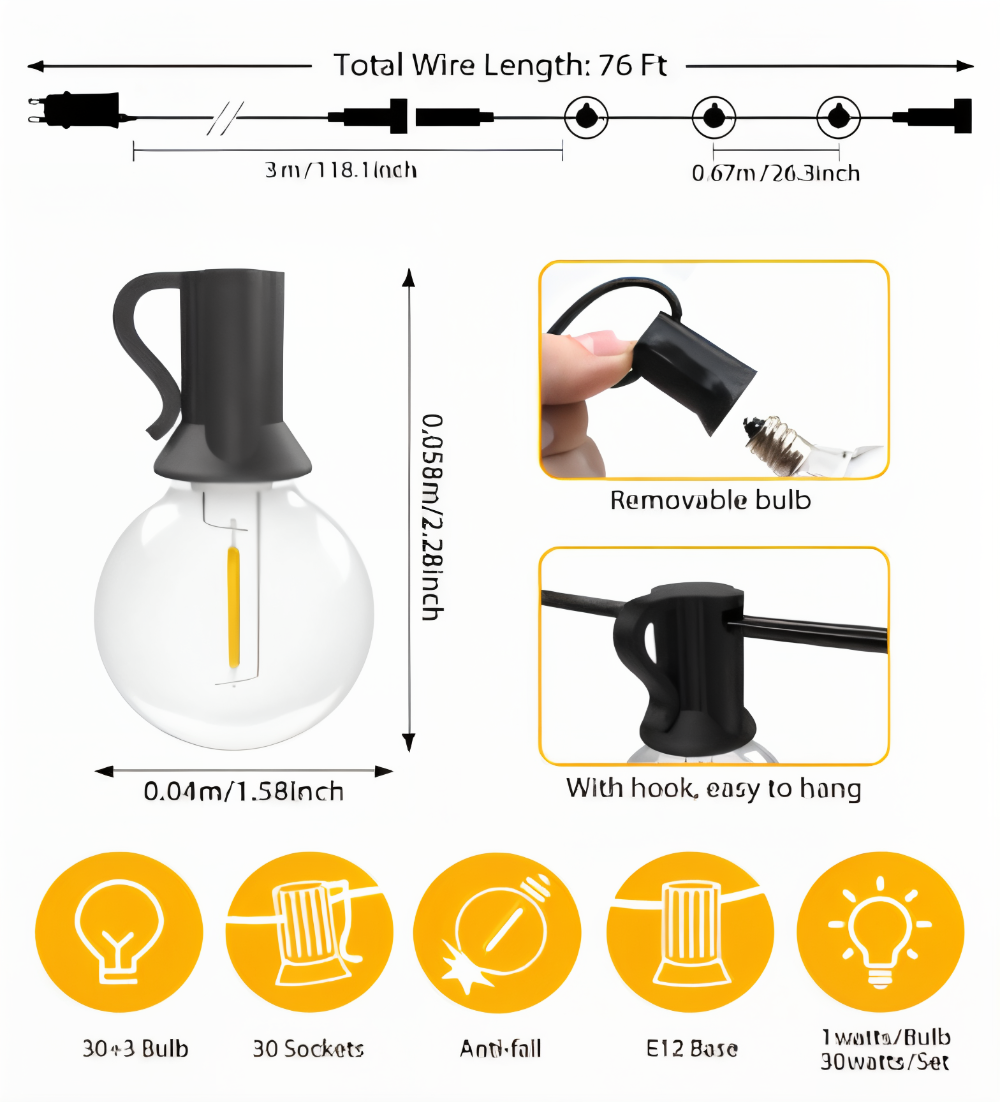 Guirlande lumineuse extérieure G40 à globes, étanche, résistante pour jardin, terrasse et fêtes.