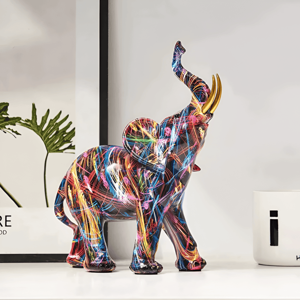 Décoration d'éléphant abstraite aux couleurs vives, ajoutant une touche moderne à votre intérieur. Force et élégance.