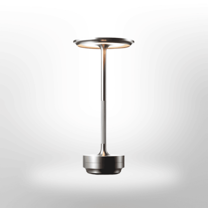 Lampe de table LED moderne et sans fil, tactile, rechargeable, illuminant une pièce avec style et ambiance.