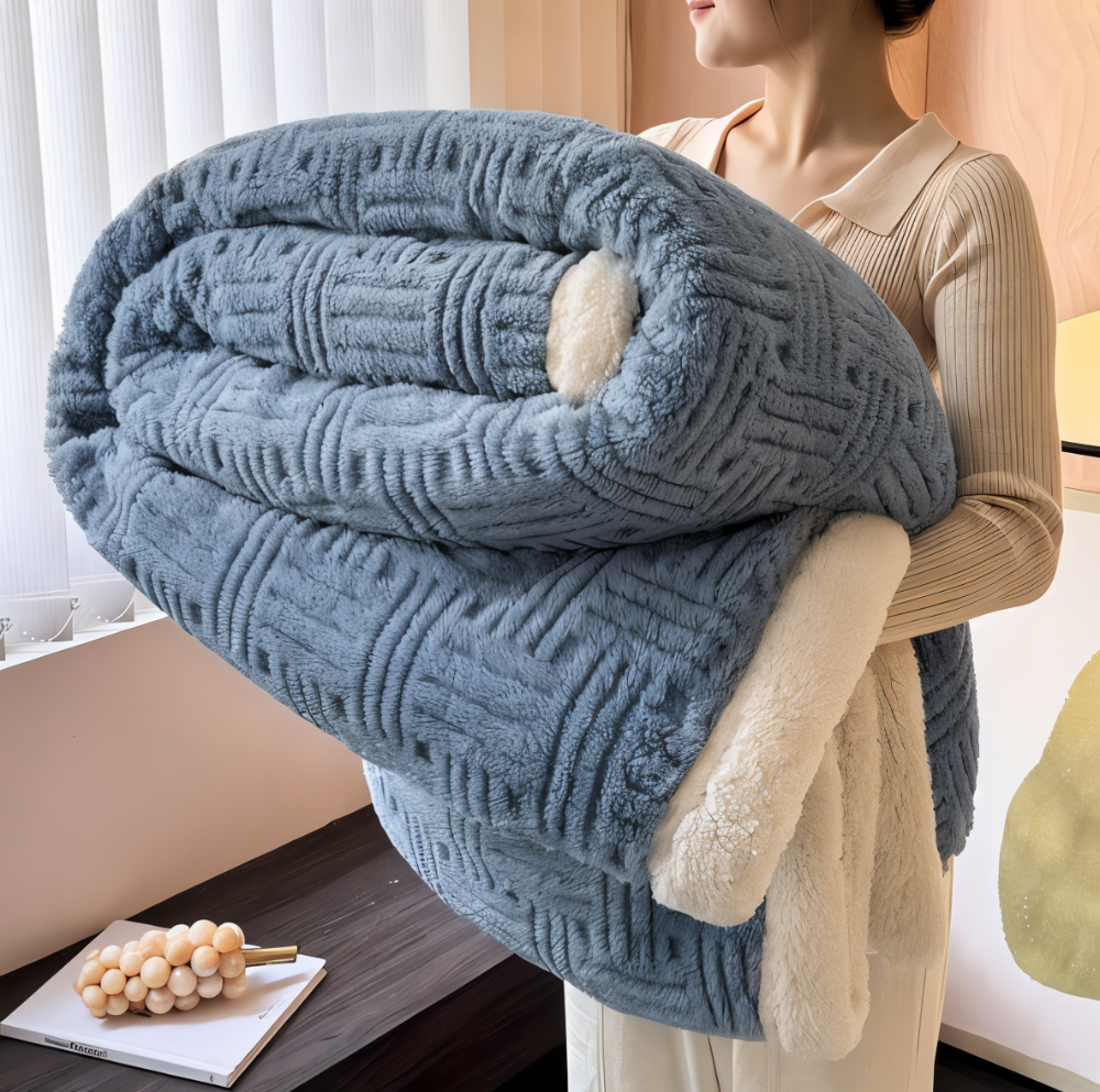 Couverture douce réversible posée sur un lit, motif géométrique apaisant, pour un confort toutes saisons.