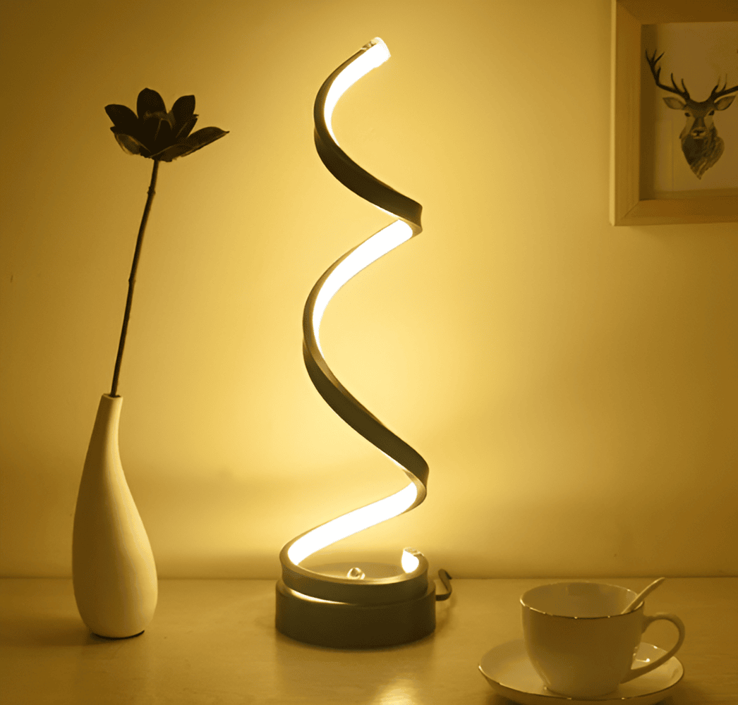 Lampe de table tactile Radiant Curve, LED spirale, design moderne en aluminium brossé pour décoration.