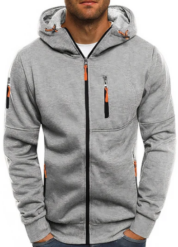 Détail textile du sweat à capuche zippé homme, montrant la texture douce et les finitions de qualité.