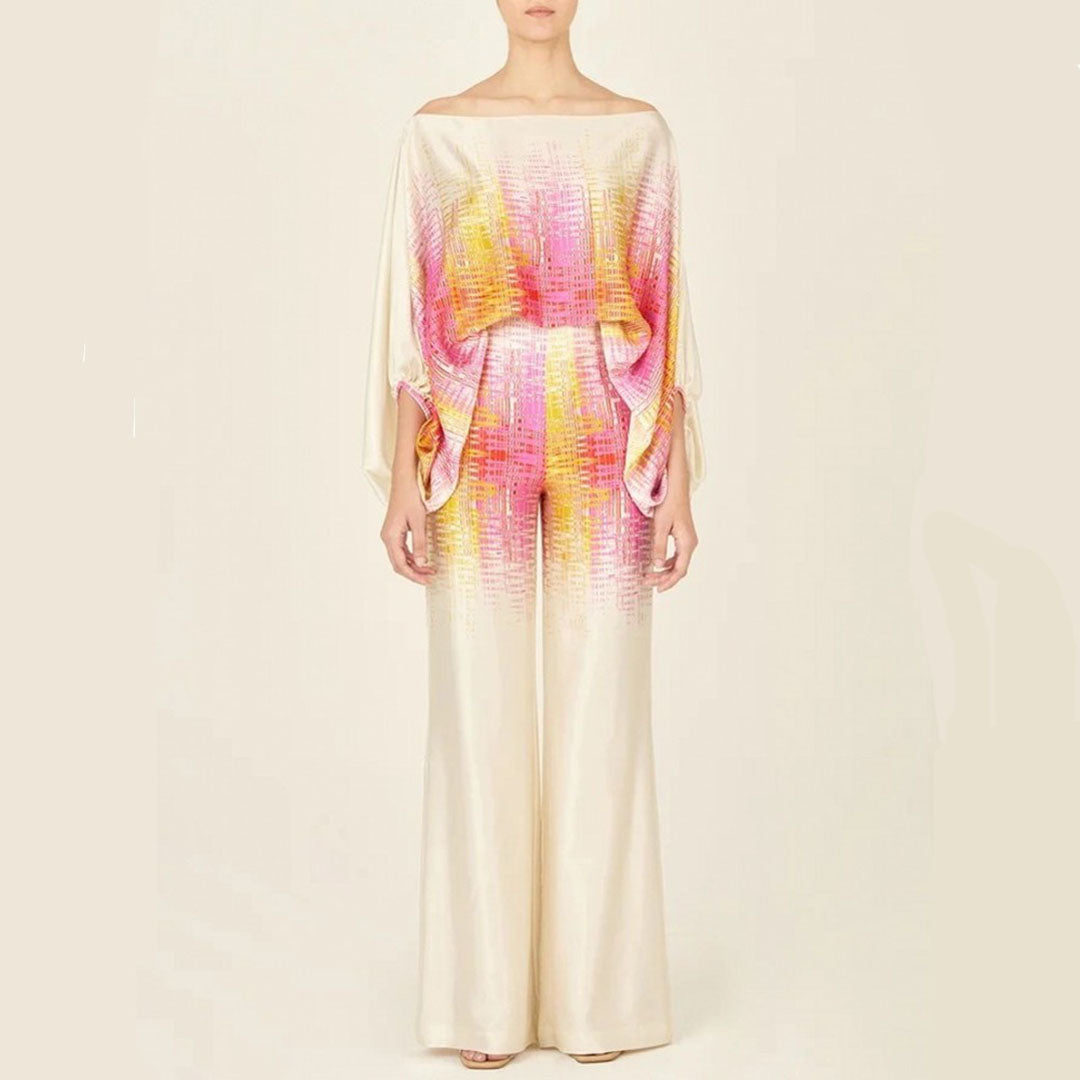 Ensemble femme fluide et élégant : top off-shoulder et pantalon large taille haute. Idéal pour un look chic d'été.