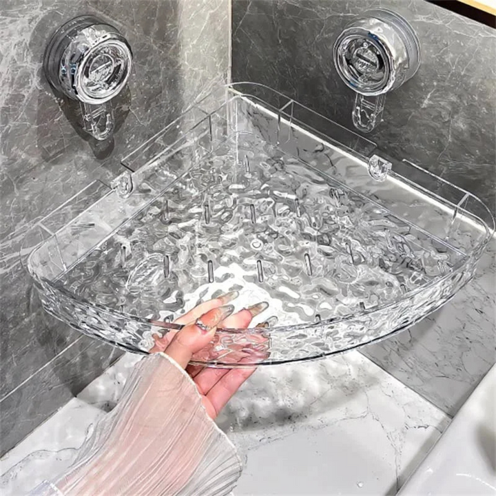 Organisateur de douche OptiShelf mural en acrylique, fixation ventouse ultra-rapide, sans perçage pour salle de bain.