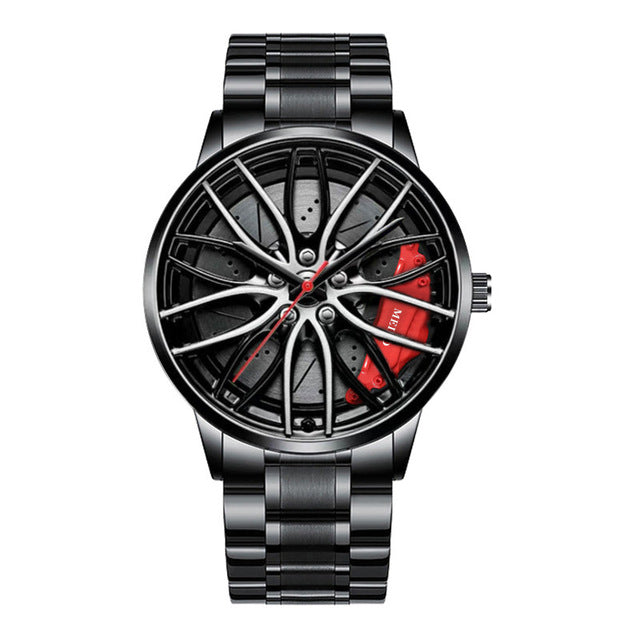 Montre élégante homme, inspiration course automobile, cadran noir épuré, mode et fonctionnalité.