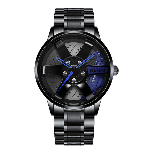 Montre homme design voiture course, étanche, bracelet acier inoxydable, élégance sportive.