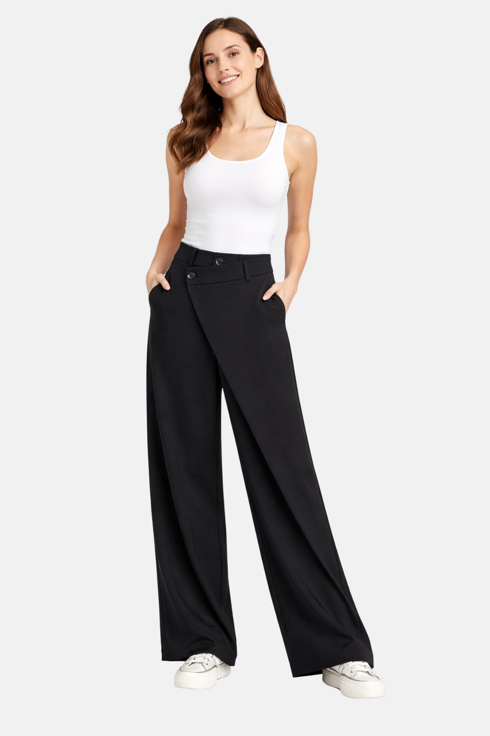 Pantalon baggy décontracté femme, coupe asymétrique, offrant confort et tendance.
