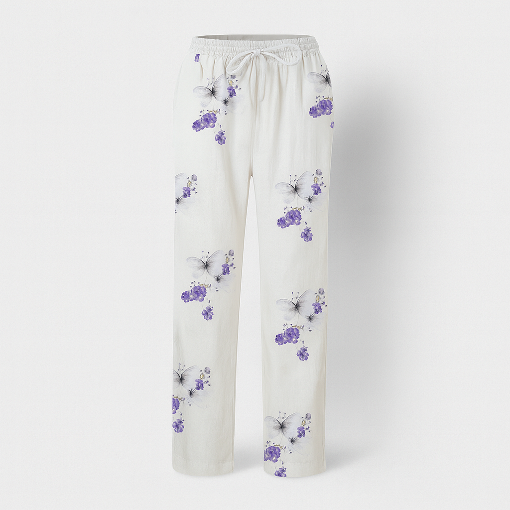 Gros plan du tissu respirant en coton et lin d'un pantalon femme, couleur naturelle, parfait pour l'été.