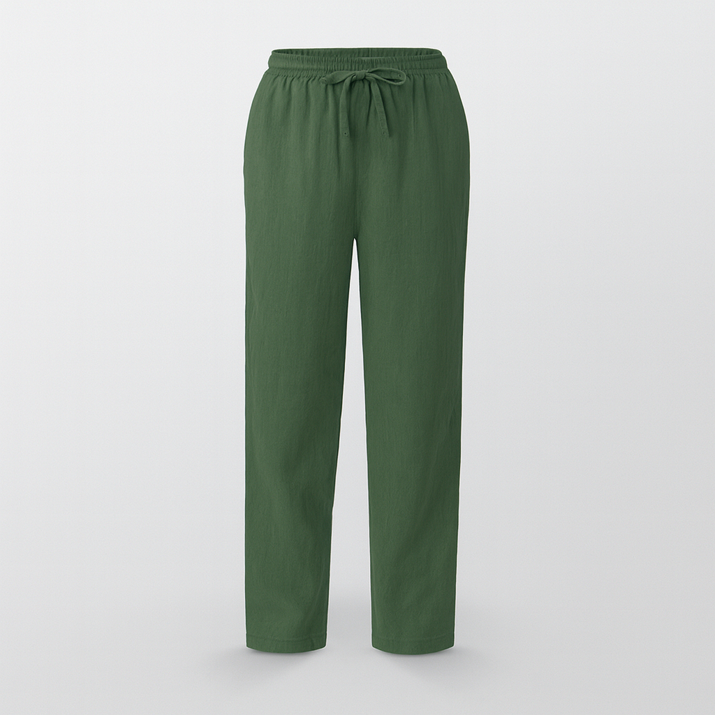 Pantalon femme chic en coton et lin, idéal pour un look décontracté ou élégant. Confort estival garanti.