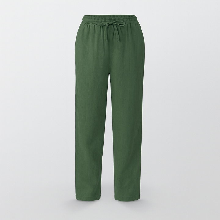 Pantalon femme chic en coton et lin, idéal pour un look décontracté ou élégant. Confort estival garanti.