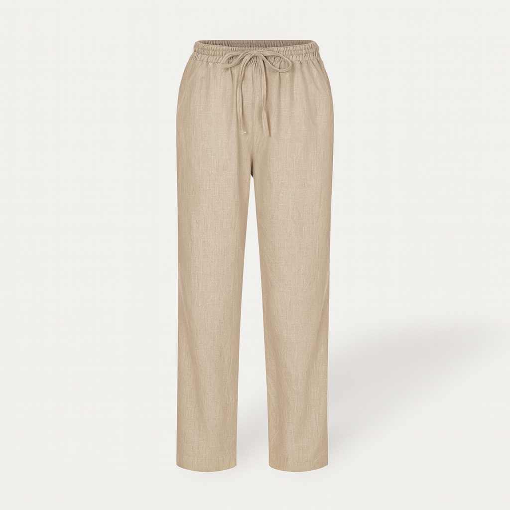 Pantalon femme décontracté en coton et lin, idéal pour un style estival confortable. Parfait pour le quotidien.