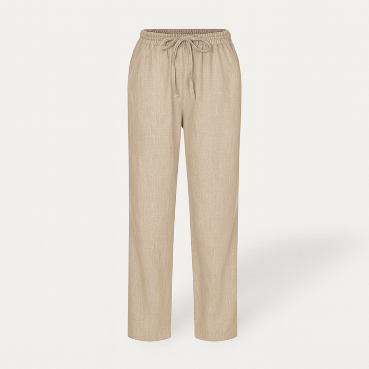 Pantalon femme décontracté en coton et lin, idéal pour un style estival confortable. Parfait pour le quotidien.