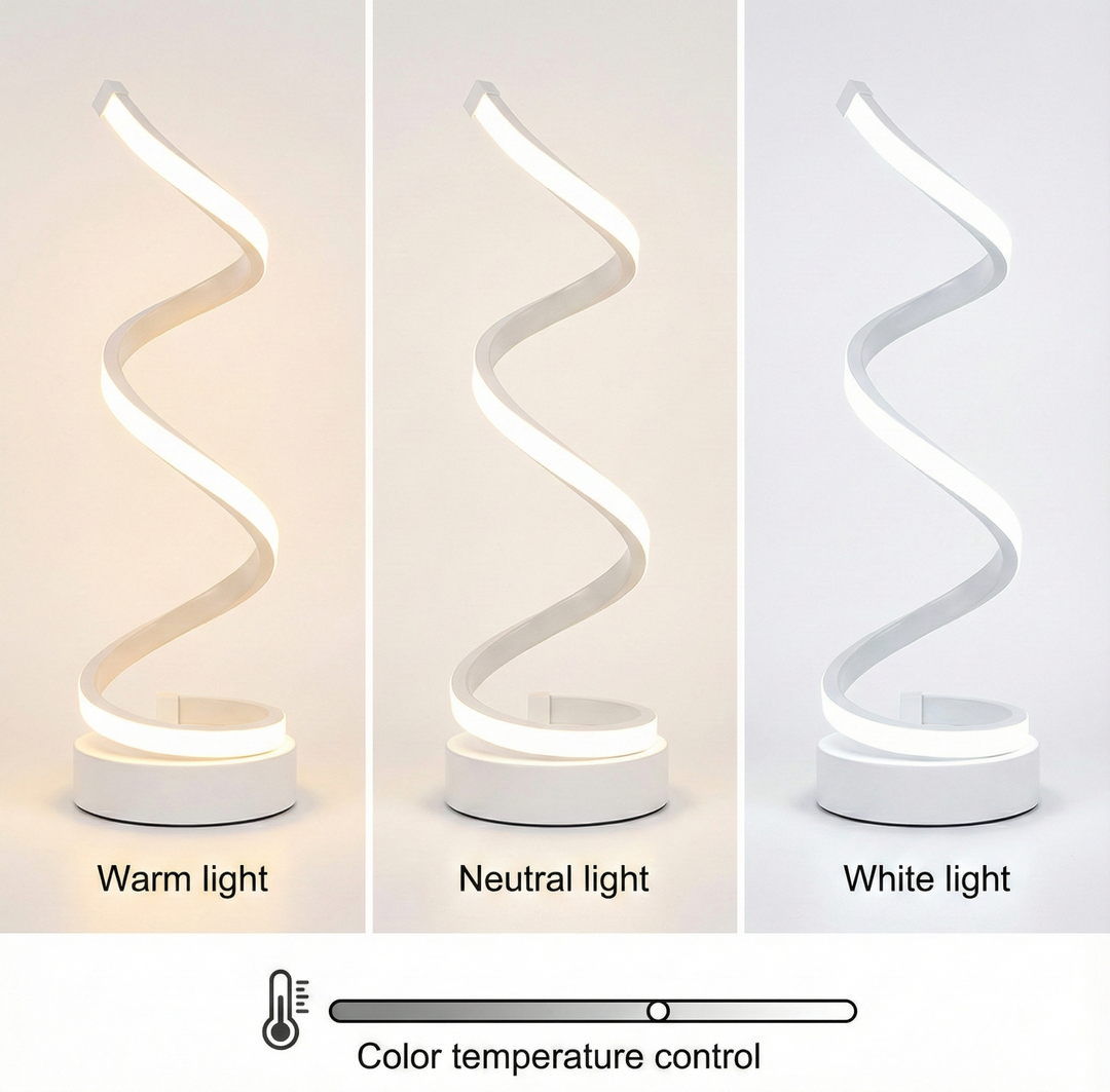 Éclairage de table LED spirale, allumage tactile, idéal pour salon, bureau ou chambre. Design aluminium.