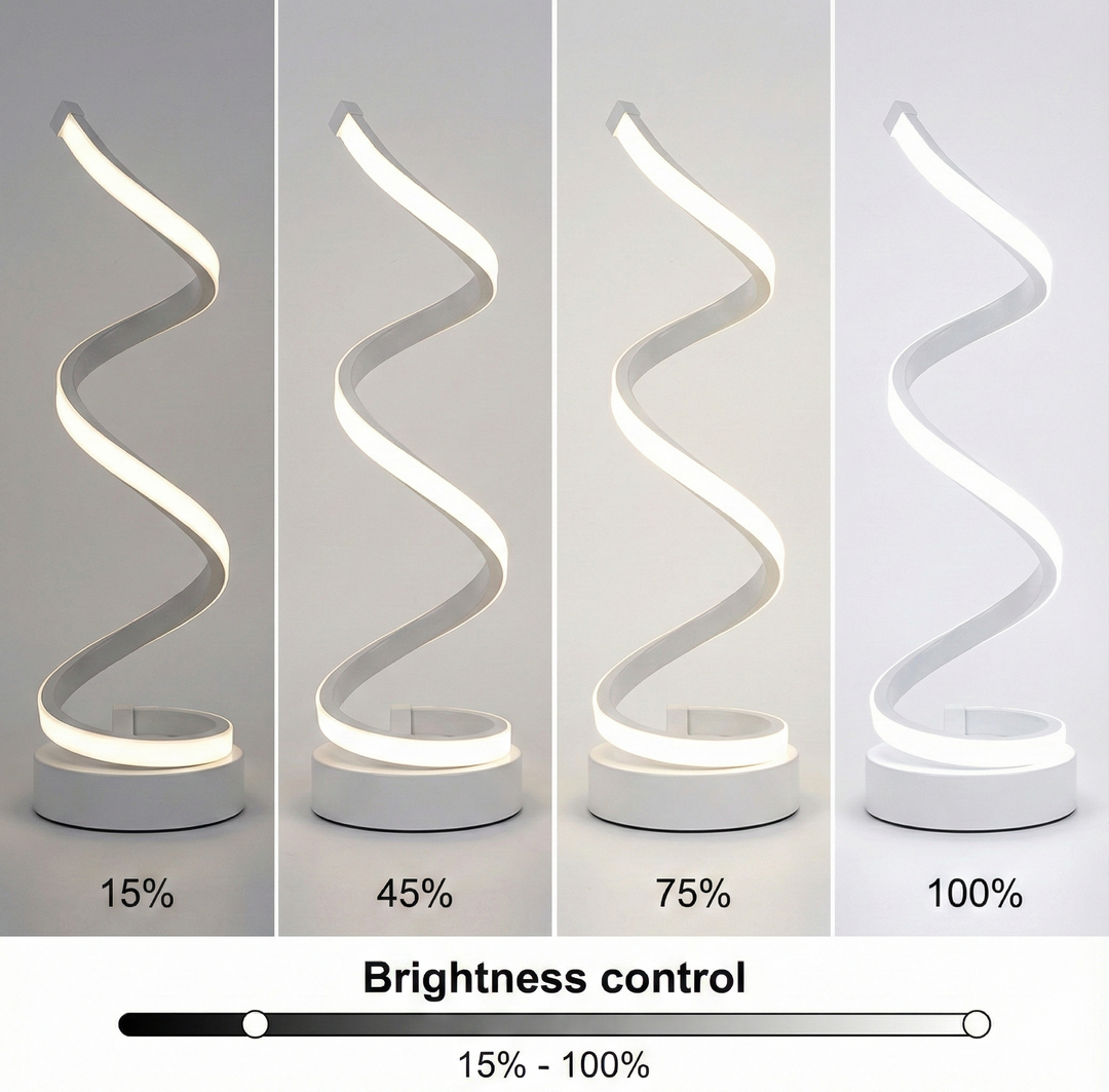 Lampe LED design spirale, base tactile, corps en aluminium brossé, parfaite pour décoration intérieure.