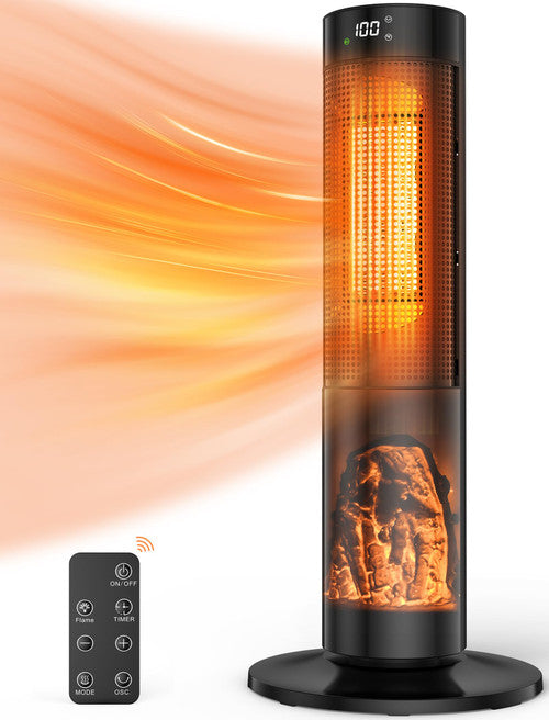 Radiateur tour électrique céramique oscillant 60° avec thermostat, idéal pour chauffage d'appoint intérieur.