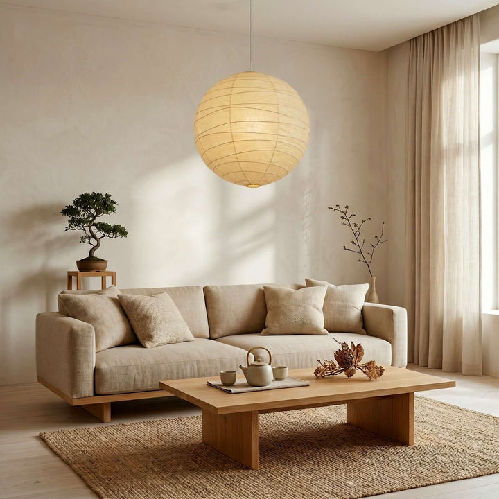 Luminaire suspendu moderne en tissu beige, éclairage intérieur, décoration chic pour la maison.