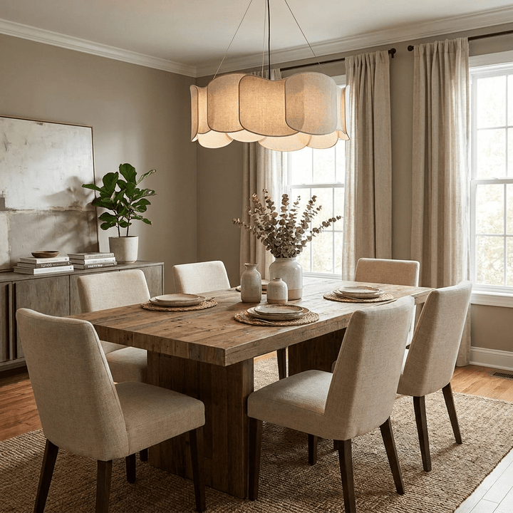 Suspension nuage tissu diffus beige, luminaire design d'intérieur, parfait pour une ambiance cosy.