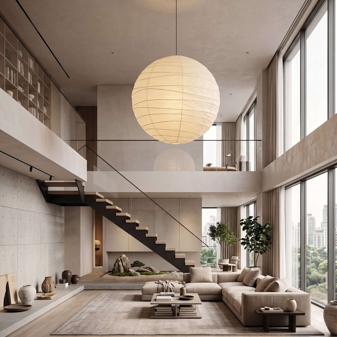 Suspension en tissu gris, design épuré, éclairage chaleureux, parfait pour une décoration intérieure moderne.