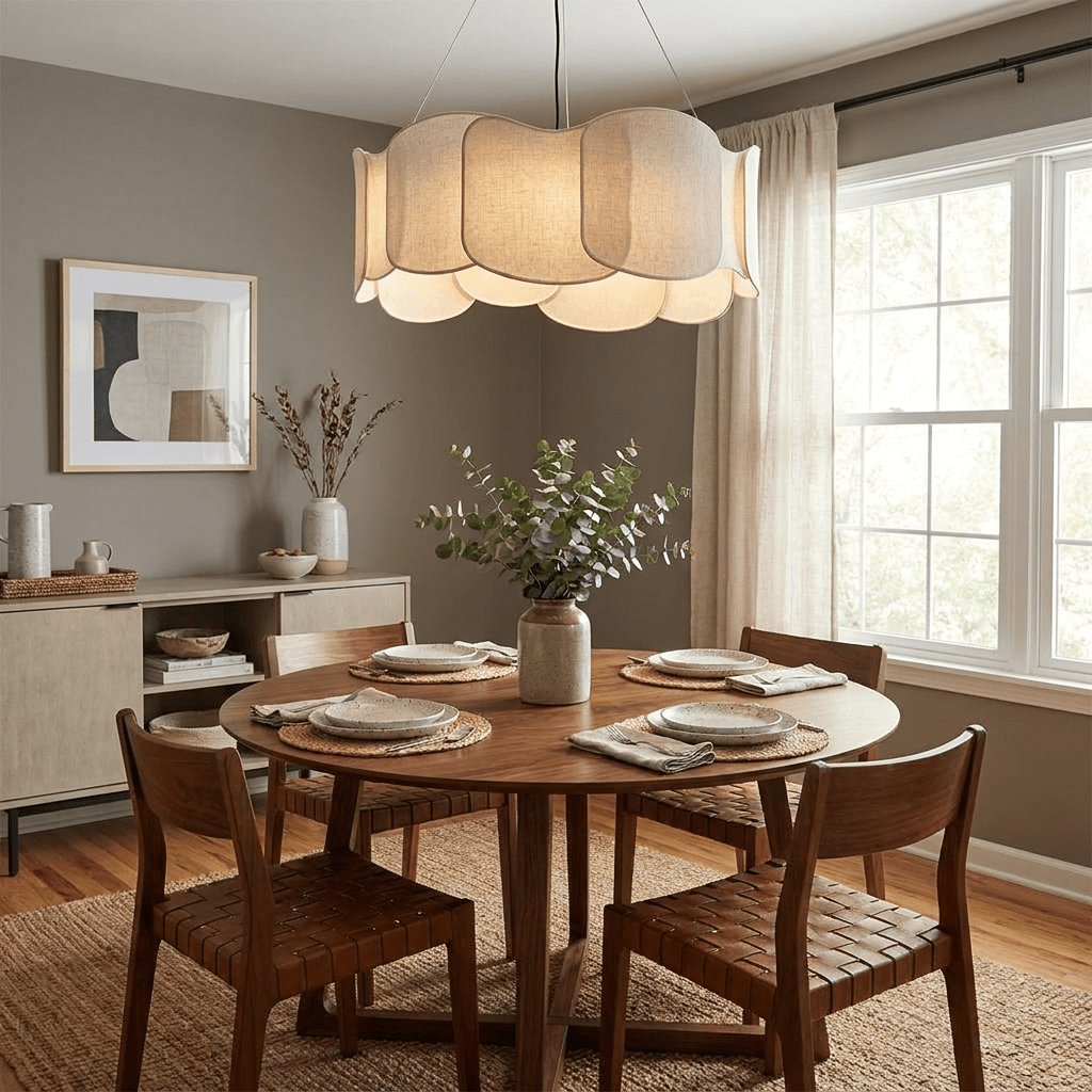 Suspension design en tissu nuage beige, luminaire d'intérieur offrant une lumière douce et contemporaine.