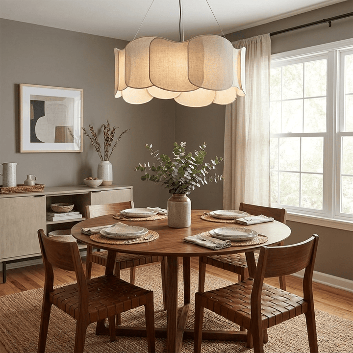 Suspension design en tissu nuage beige, luminaire d'intérieur offrant une lumière douce et contemporaine.