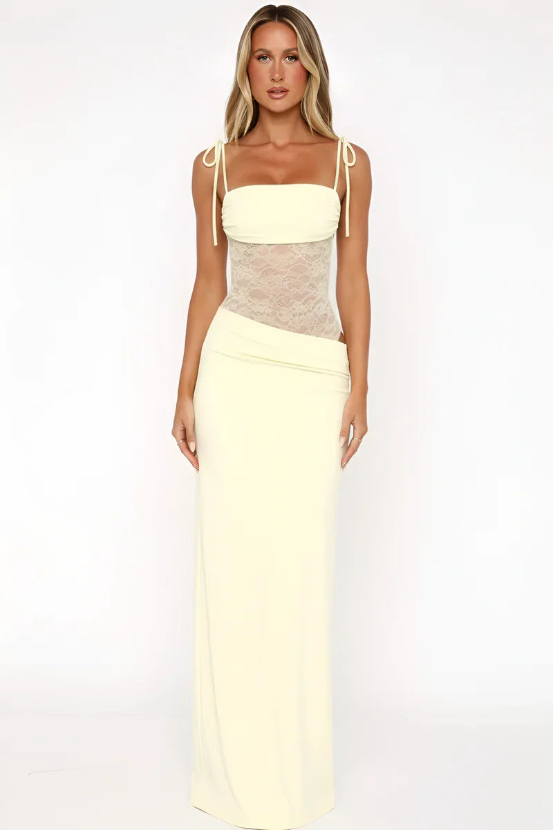 Robe longue élégante femme, bustier dentelle raffiné et fines bretelles, idéale pour soirée, cérémonie.