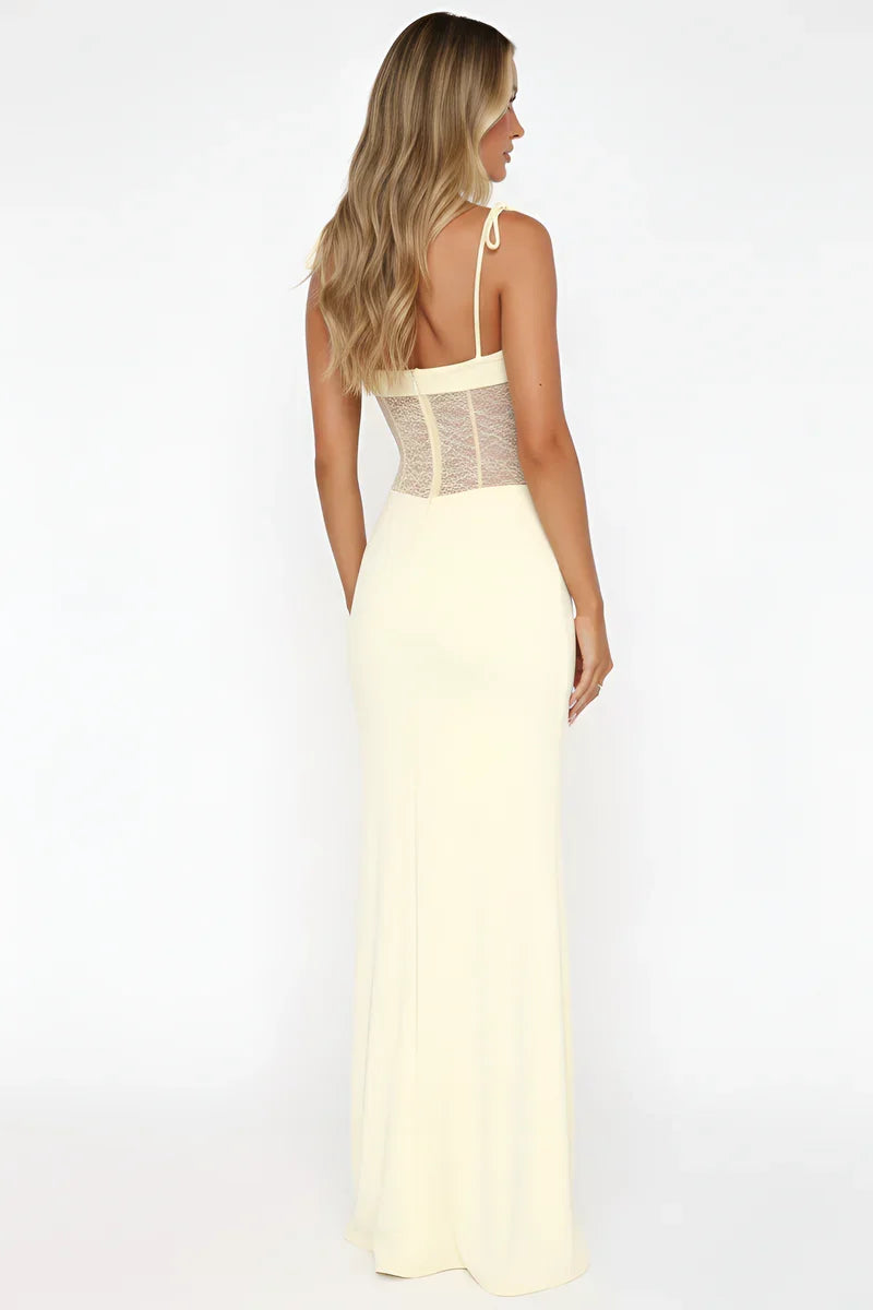 Robe de soirée longue femme, dentelle bustier, extensible, idéale pour cocktail, fêtes ou cérémonie.