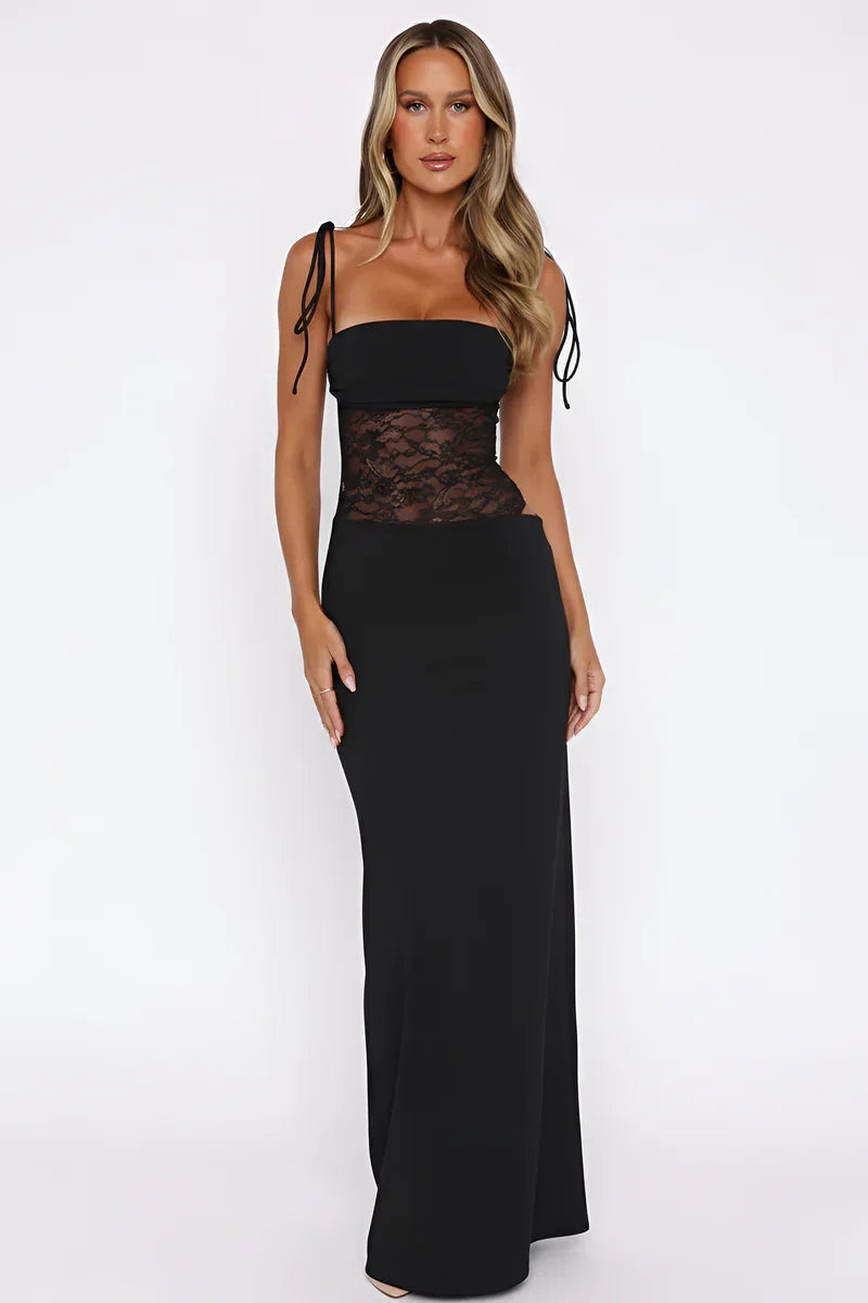 Robe longue femme chic, bustier dentelle et bretelles fines. Coupe élégante extensible pour soirée, cérémonie.