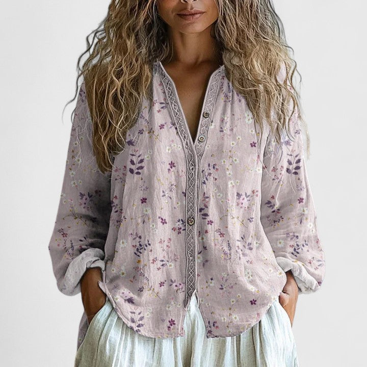 Élégante blouse femme imprimée feuillage rétro, parfaite pour le bureau ou un look décontracté chic.