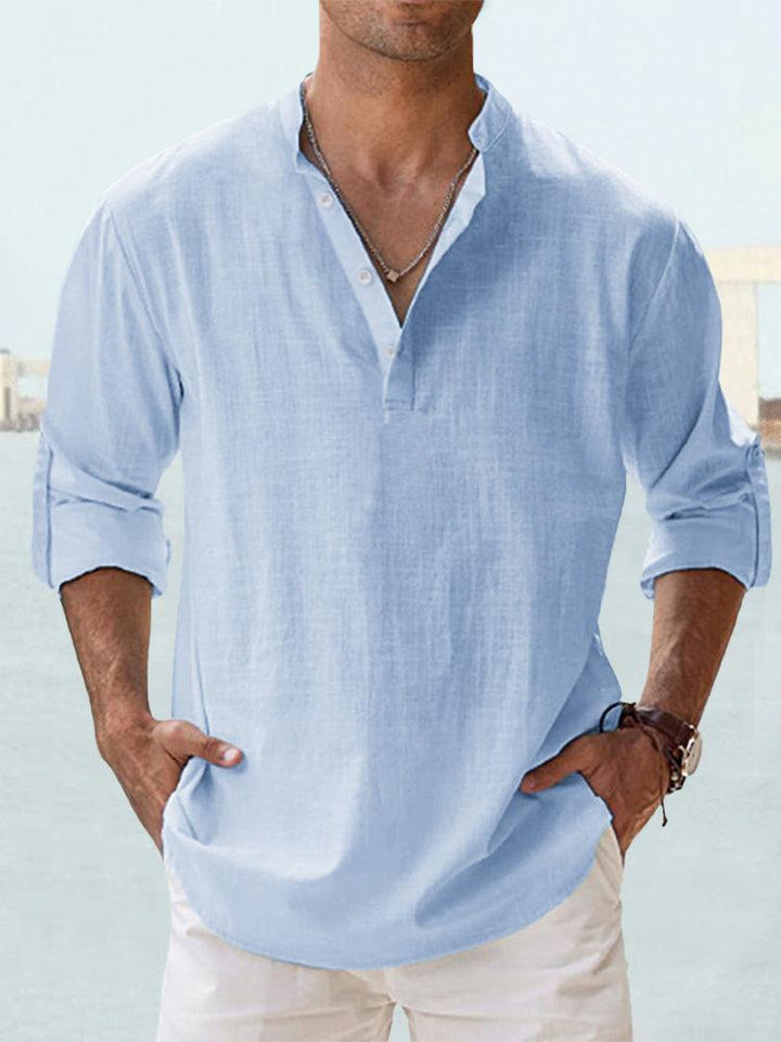 Chemise d'été homme décontractée, col chinois. Tissu respirant et léger pour un style casual chic.